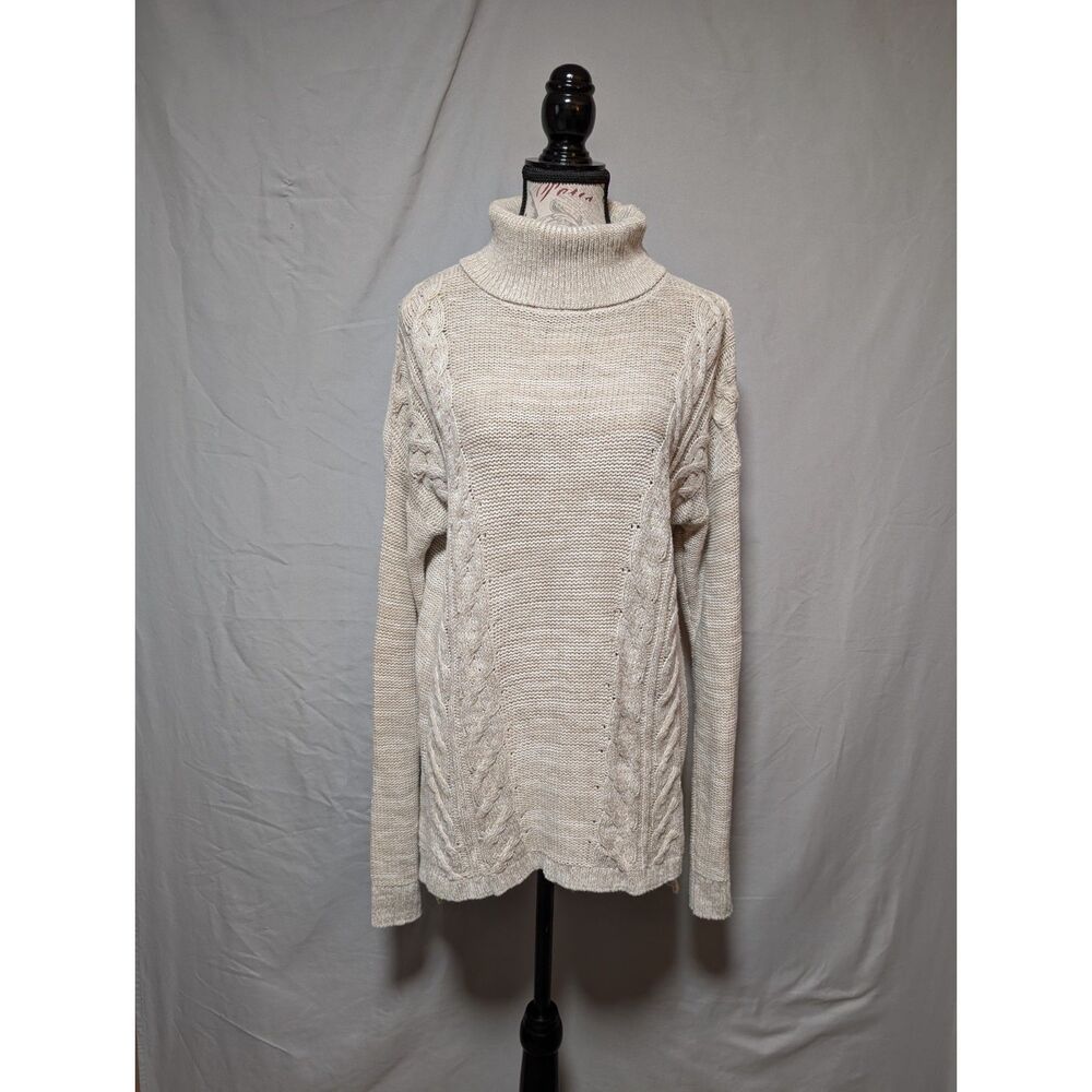 Old Navy Beige White Cable Knit Turtleneck Sweater Chunky Cotton Women's Large